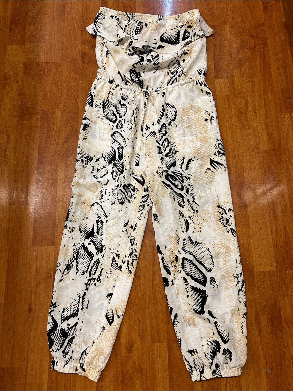 bebe Strapless Snake-Print Jumpsuit in White, Black & Tan